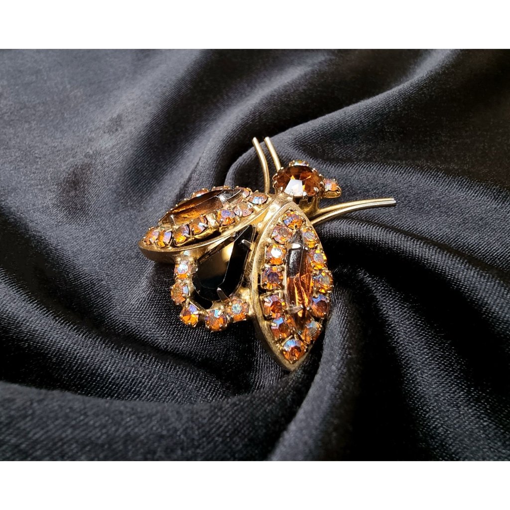 Vintage 1960s Gold-Tone Bug Brooch Amber Iridescent Rhinestones Sparkling Broo 54$